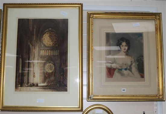 J. A. Brewer, coloured etching, The Rose Windows, Rheims Cathedral,